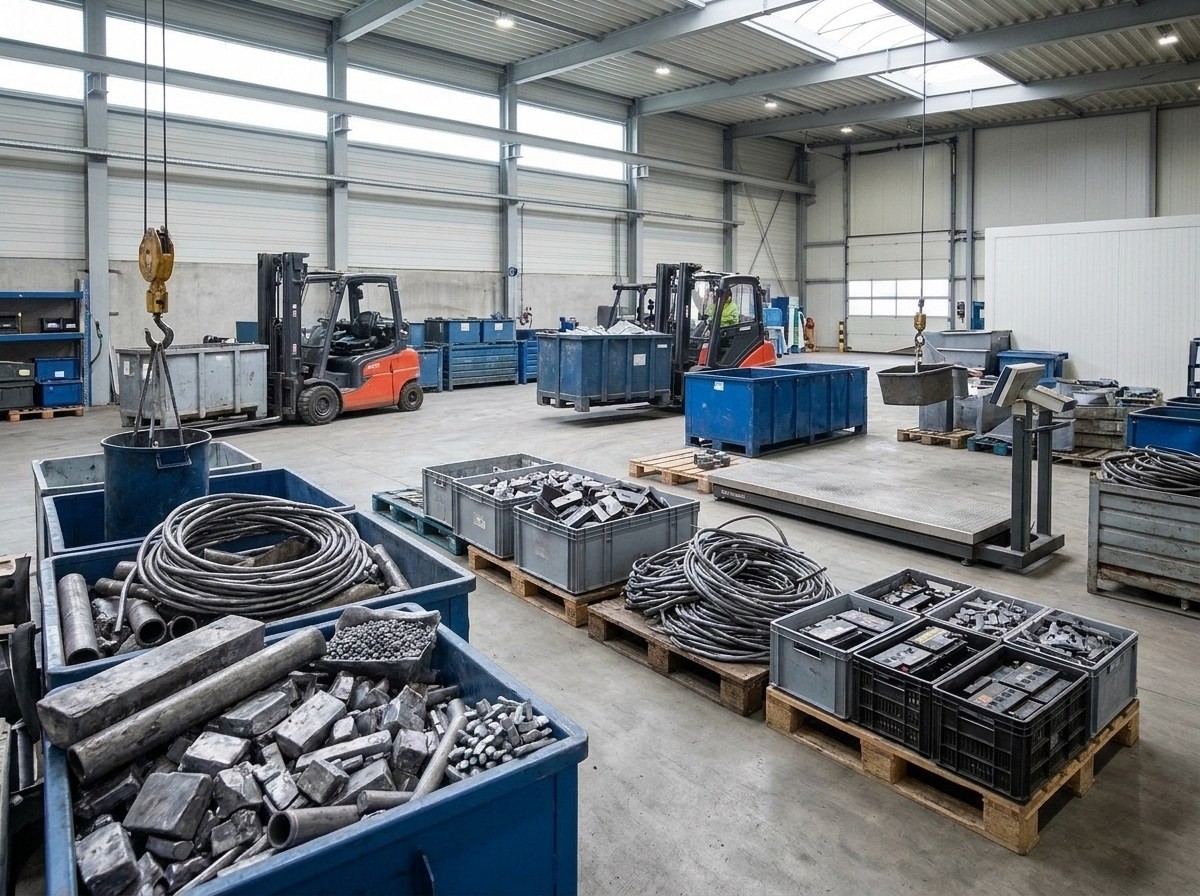 A large warehouse filled with metal bars, wire coils, scrap, and batteries.