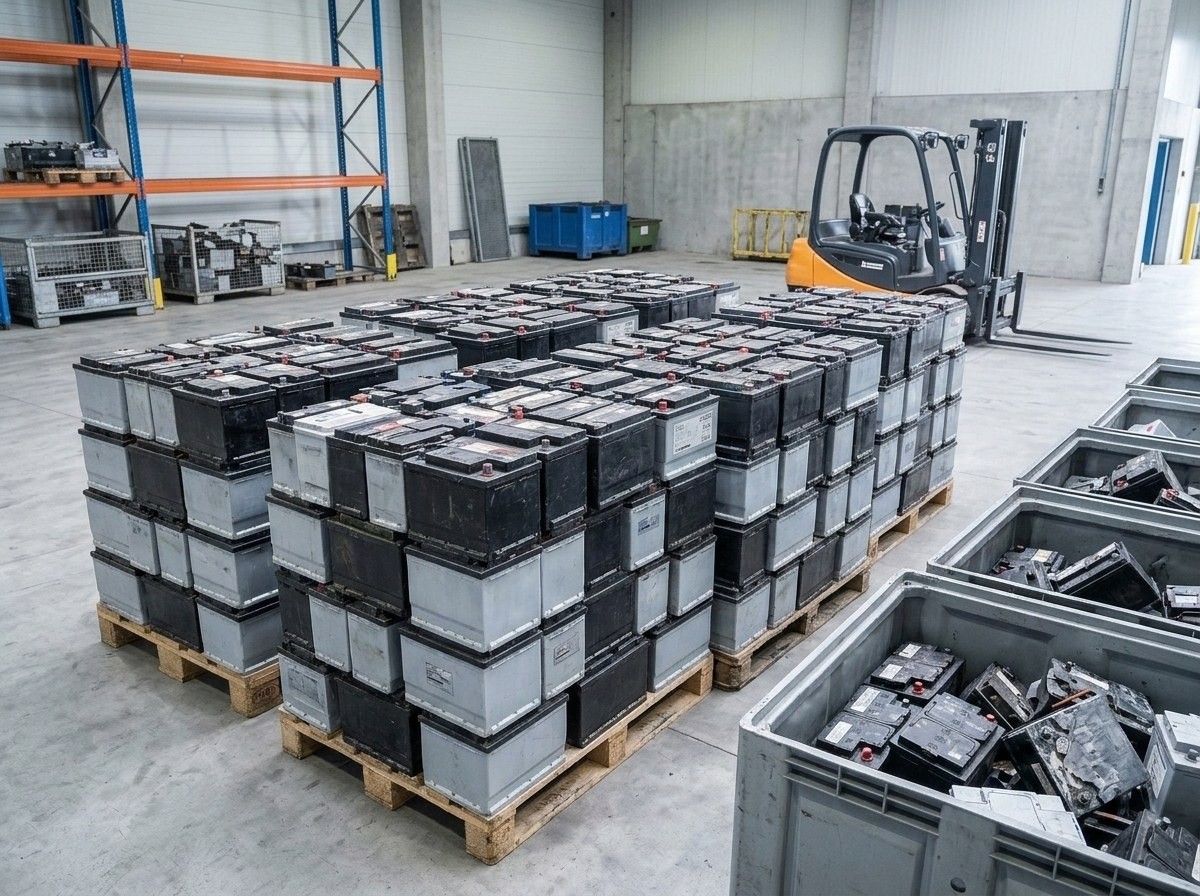Stacks of car batteries neatly arranged on wooden pallets inside a warehouse.