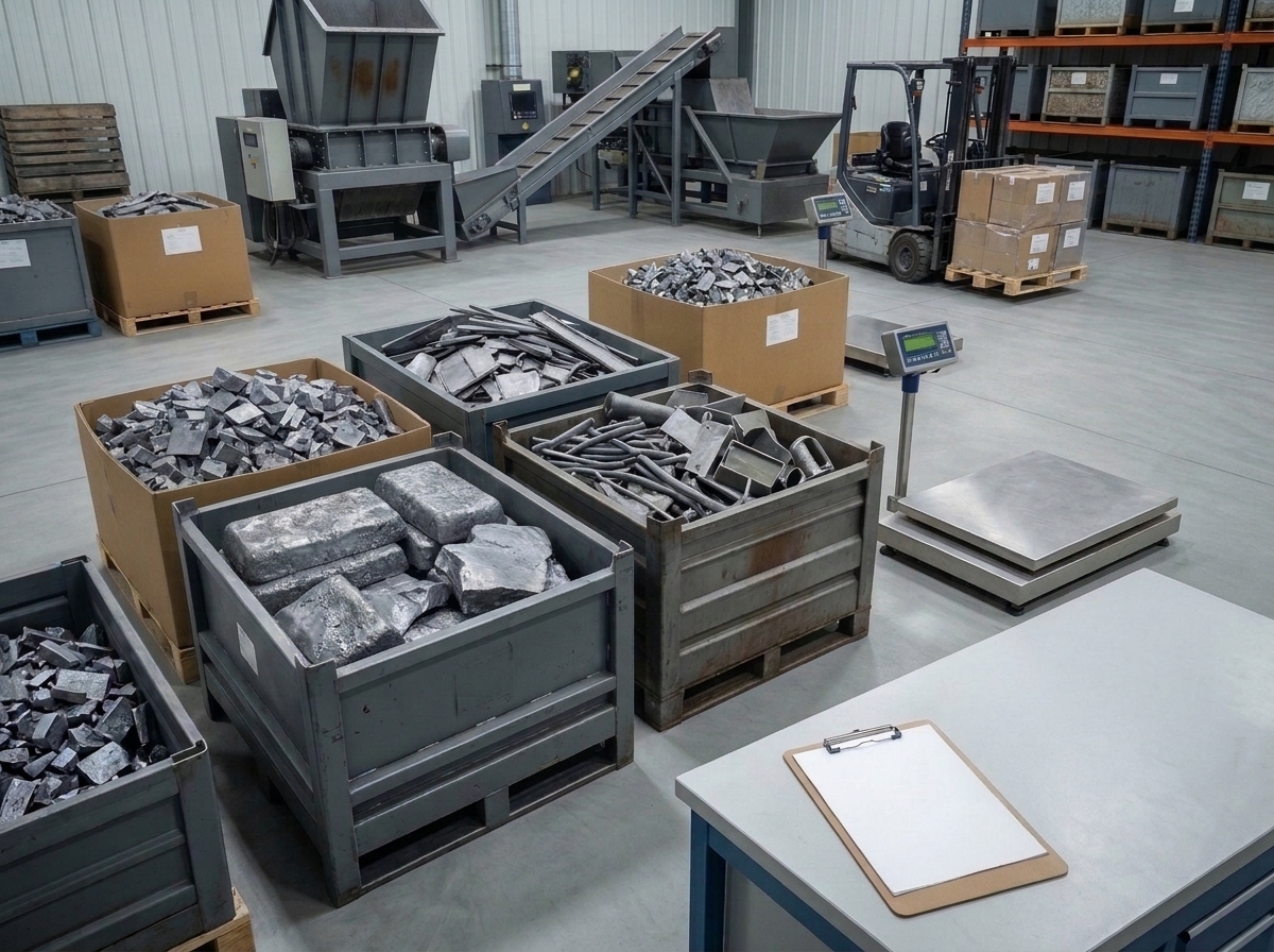 Boxes full of scrap metal in a big warehouse.