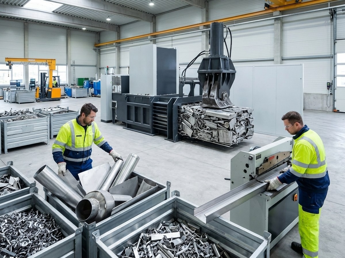 Two workers cutting and sorting metal in a spacious warehouse.