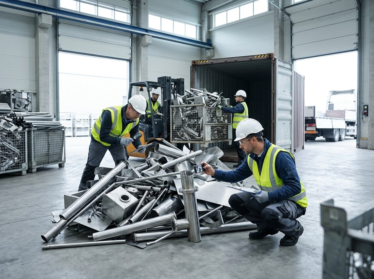 Four workers inspecting a pile of metal scrap on a warehouse floor.