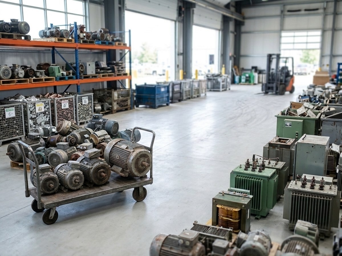 A large warehouse full of electric motors, transformers, and electrical machinery.
