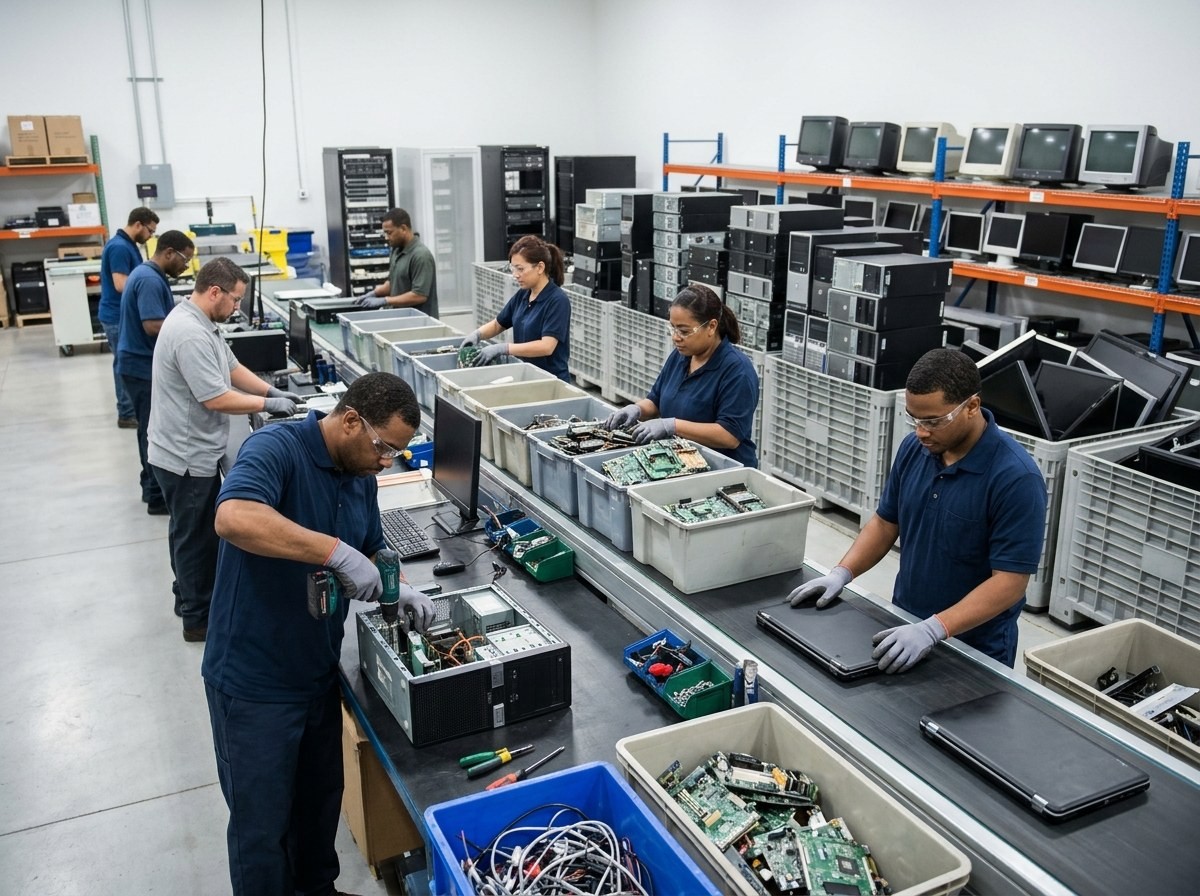 Workers assembling and sorting computer parts along a conveyor belt.
