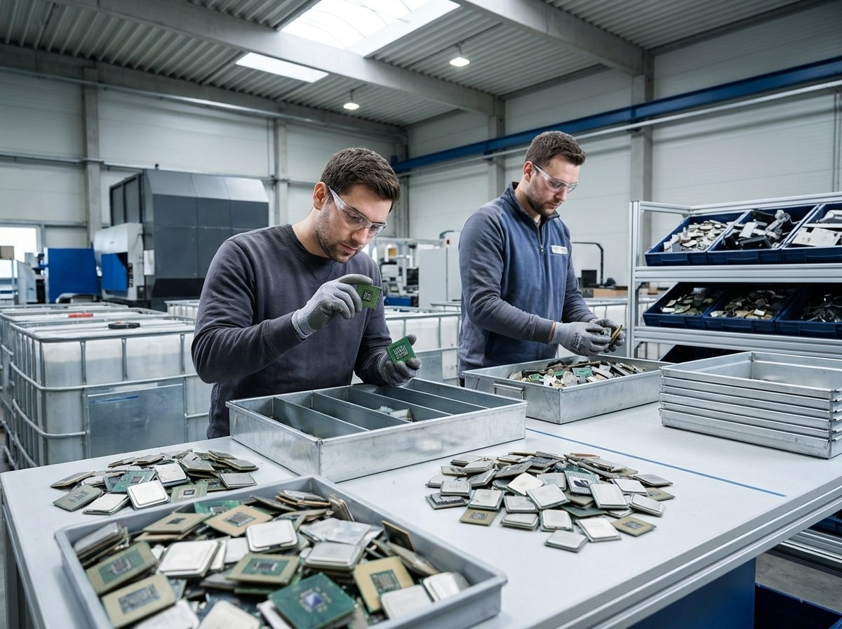 Two men standing at a table inspecting small computer processors.