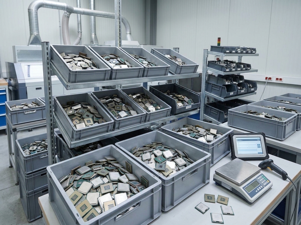 Bins filled with computer processor chips in a small room