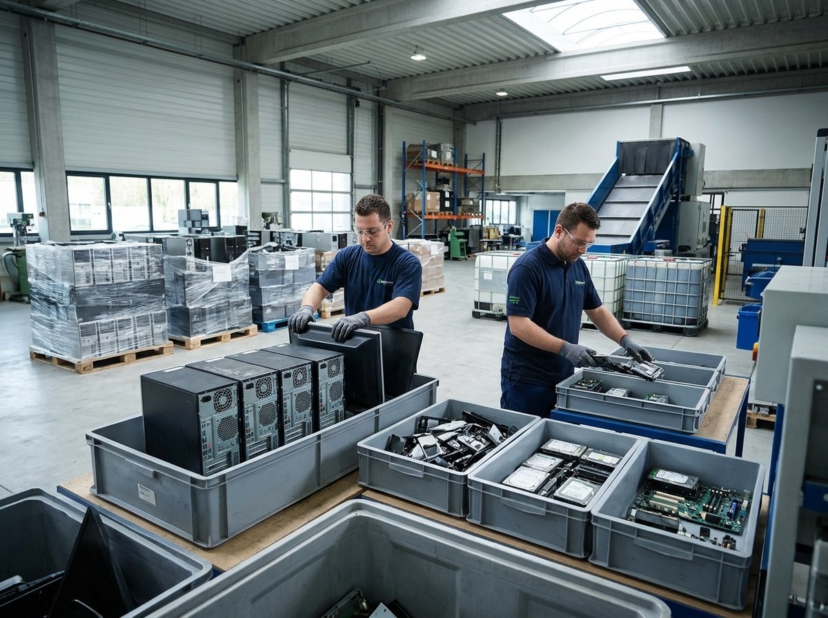 Two men sorting monitors, desktops, and other electronics in a large facility.