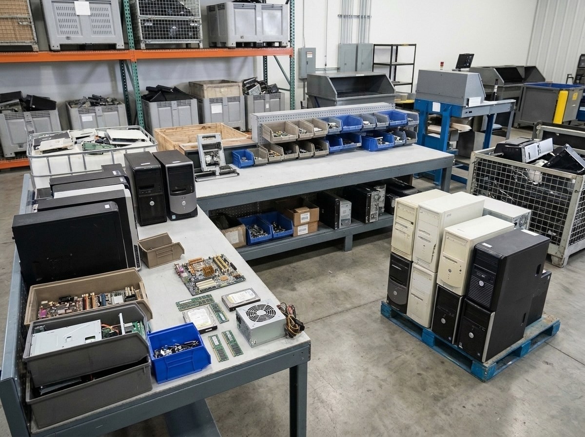 Computer towers, circuit boards, hard drives, and RAM sticks sitting in a storage area.