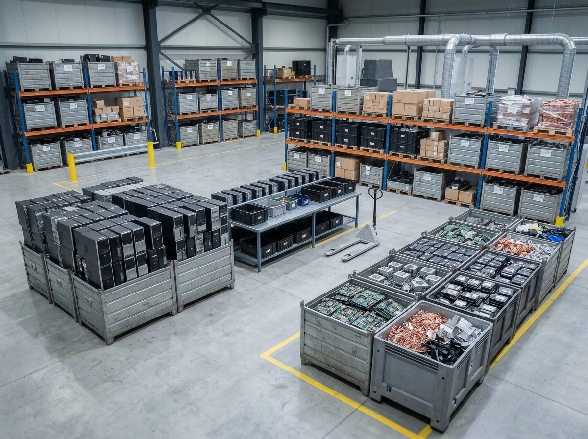 A warehouse room filled with computer towers, circuit boards, and scrap metal.