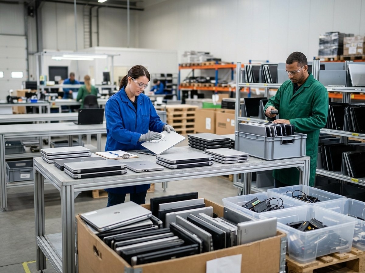Two people inspecting and cleaning laptops at a work table.