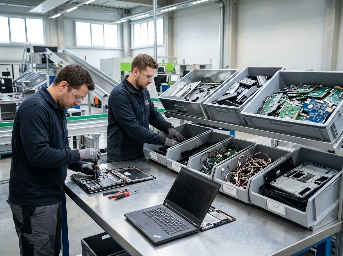 Two men disassembling laptops and sorting parts at a metal workbench.