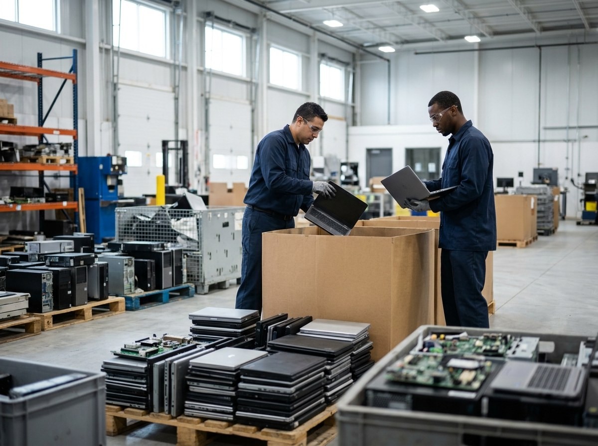 Two men inspecting laptops in a large warehouse full of laptops.