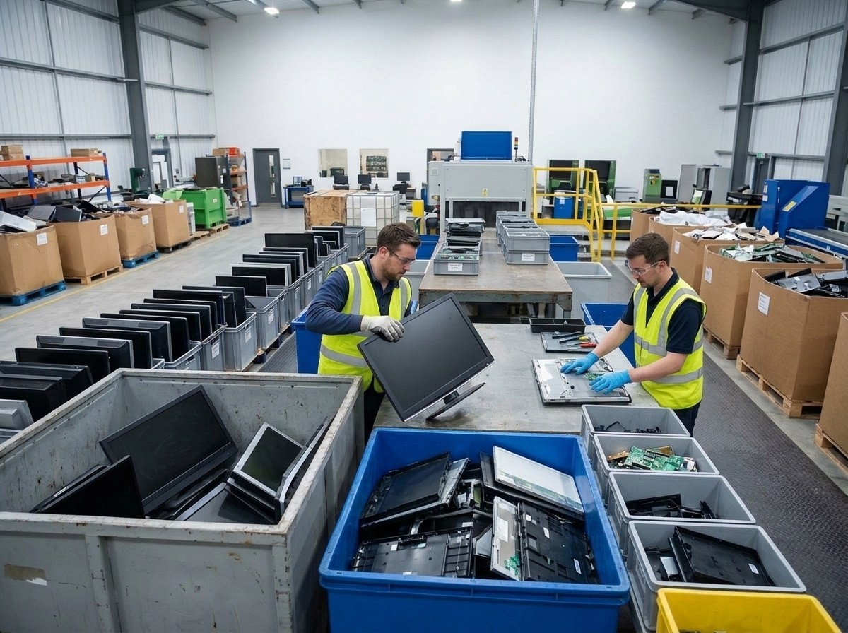 Two workers sorting and disassembling computer monitors in a large warehouse.
