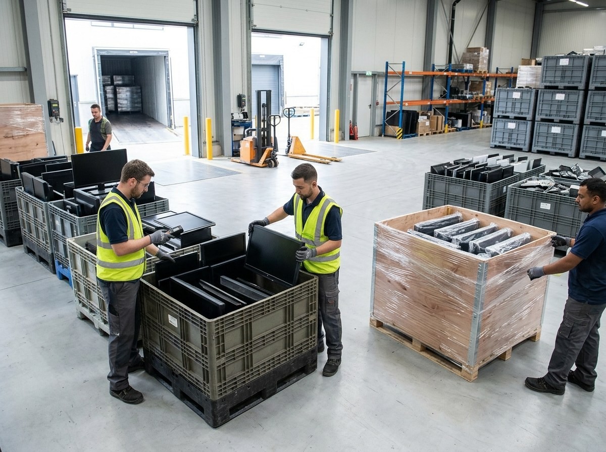 Three workers sorting computer monitors in a warehouse.