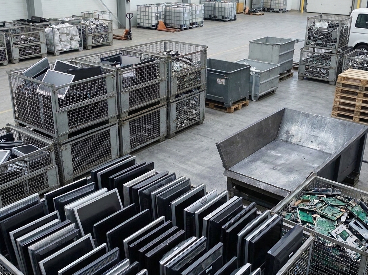 Rows of computer monitors in a large warehouse.