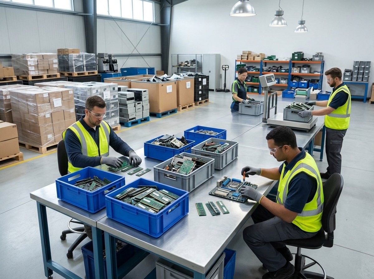 Four workers inspecting and sorting computer circuit boards and memory modules into plastic bins at long metal workbenches.