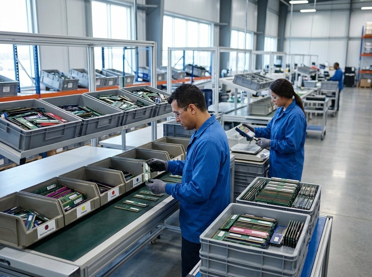 Workers sorting circuit boards at assembly tables.