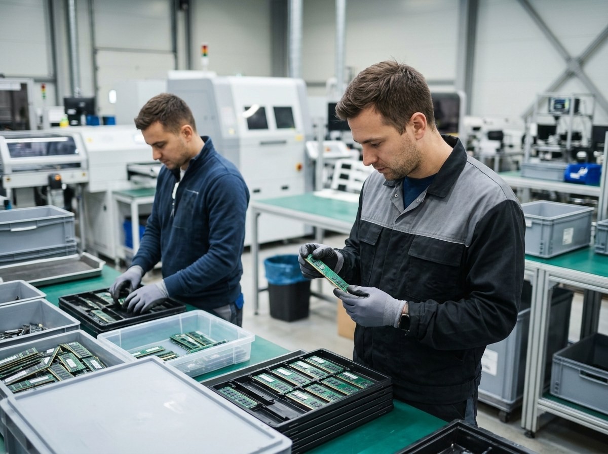 Two men working at a table filled with trays of circuit boards.