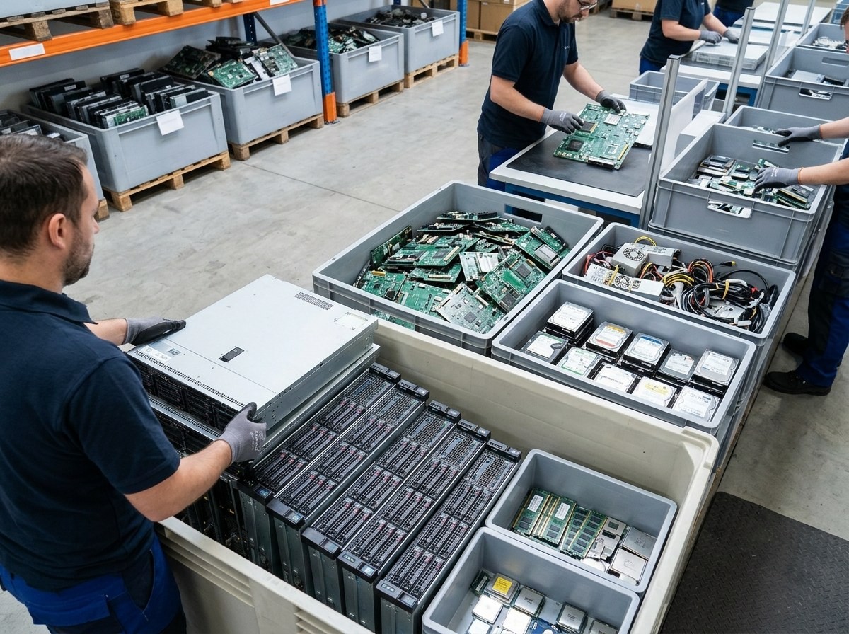 A person sorting servers, circuit boards, hard drives, cables, and RAM sticks.