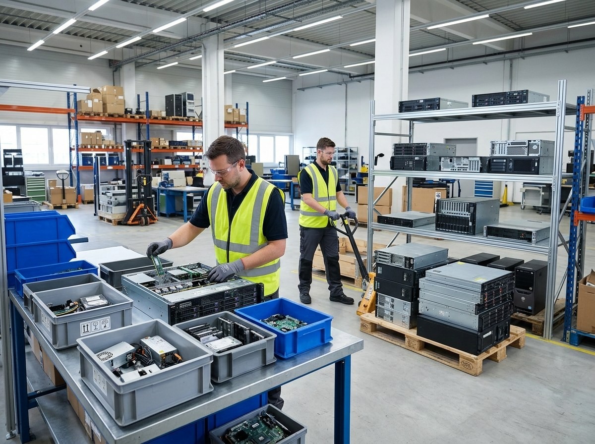 Two men working with servers in a warehouse that is filled with computer equipment.