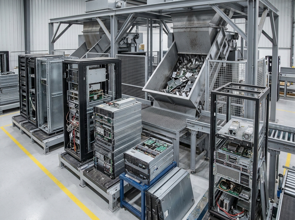 Server racks and electronic equipment in an industrial facility.